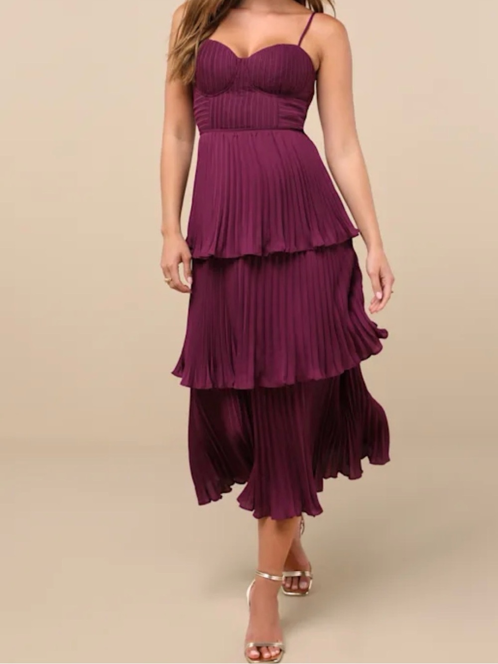 Lulu's Plum Tiered Pleated High-Low Maxi Dress